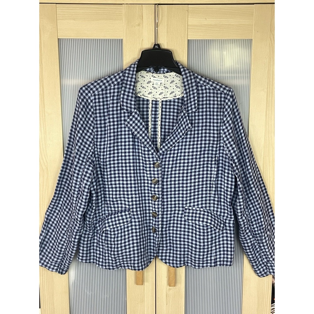 Sundance Ziri Linen Blazer Jacket Women's XL P Blue White Gingham Boho Preppy